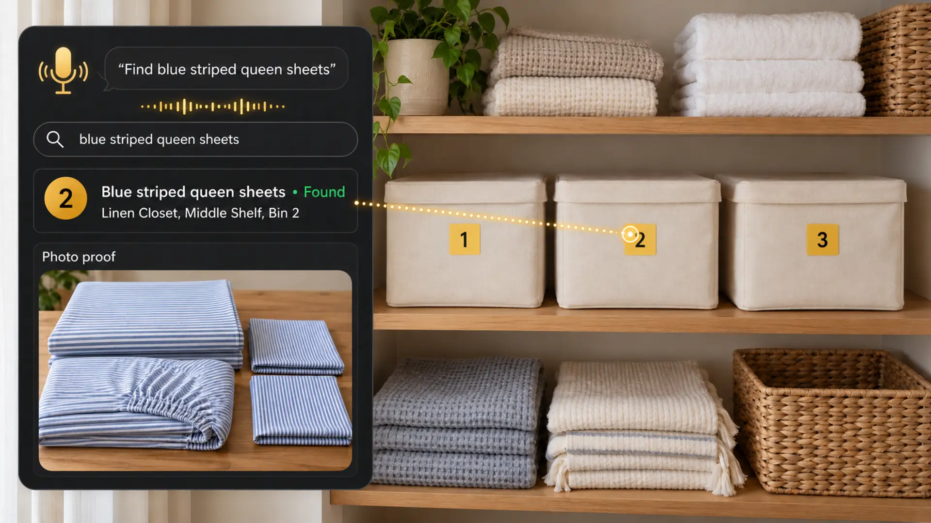 Three closed cream linen bins with unique yellow numbers; a search points to Bin 2, with photo proof of blue striped sheets and two matching pillowcases.