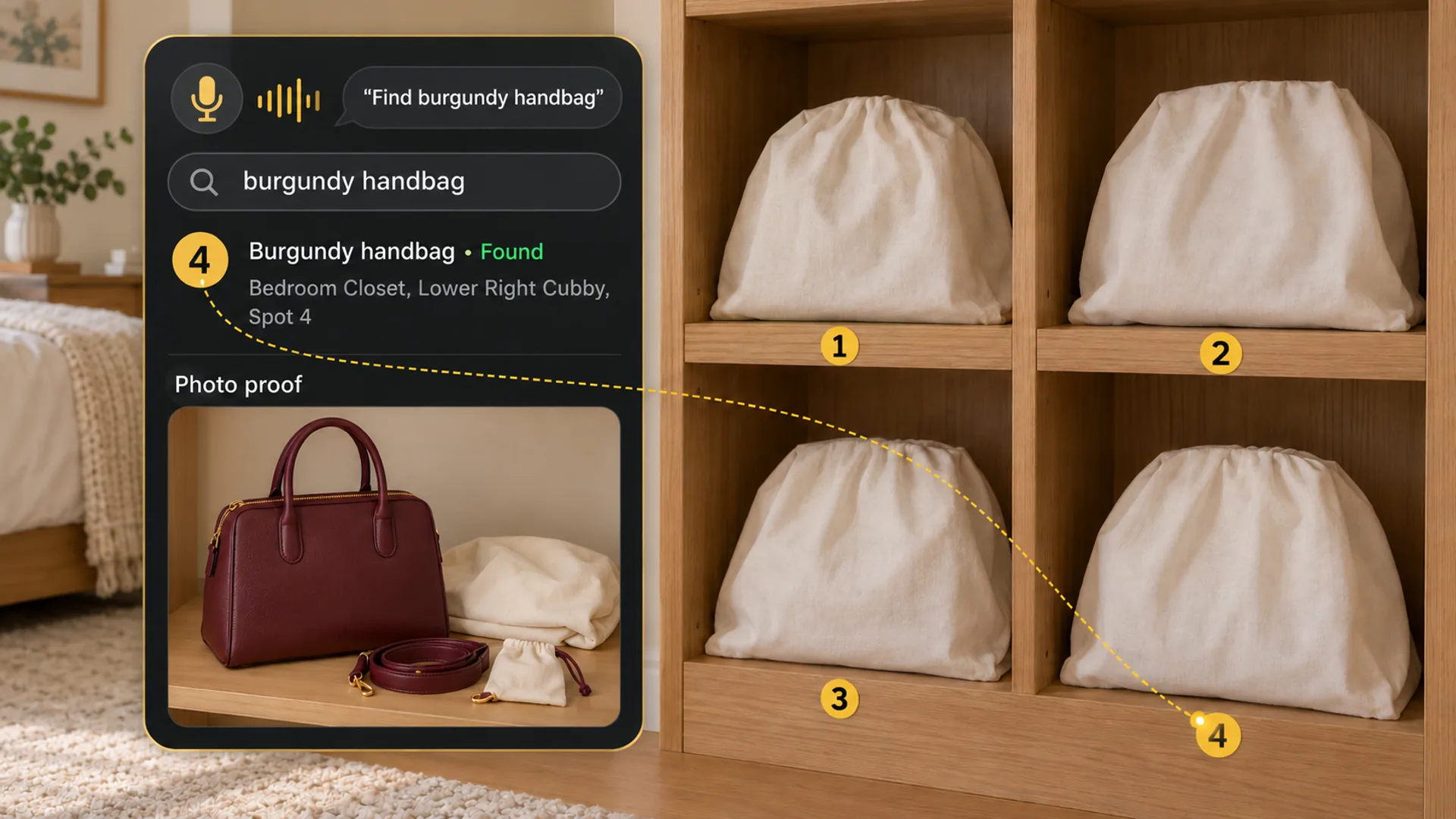 Four cotton-covered handbags in oak cubbies numbered 1 to 4; a search for a burgundy handbag points to Spot 4, with photo proof showing the bag, matching strap and dust cover.