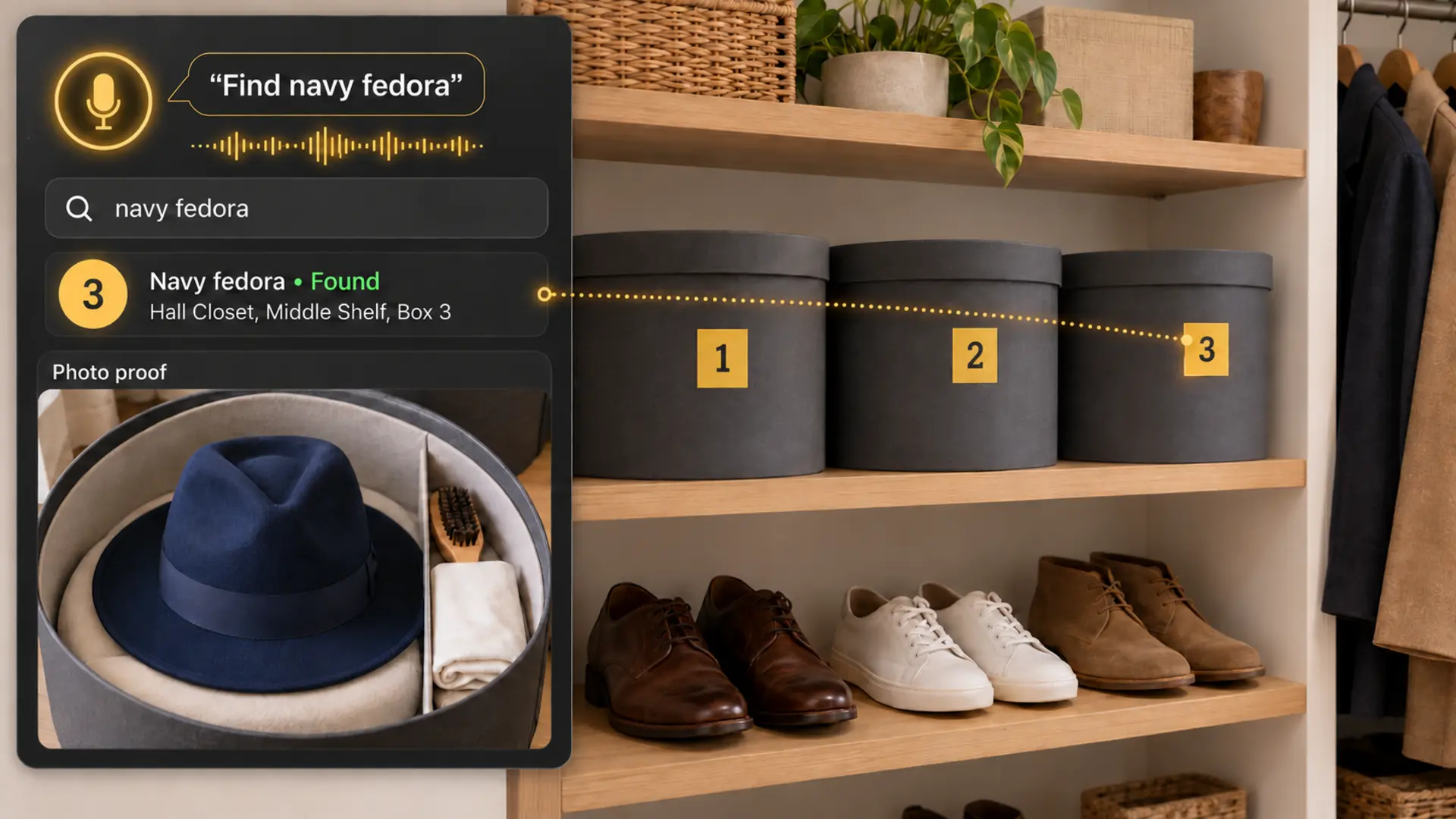 Three closed charcoal hat boxes numbered 1, 2 and 3 on a closet shelf; a search points to Box 3 with photo proof of a supported navy fedora and care accessories.