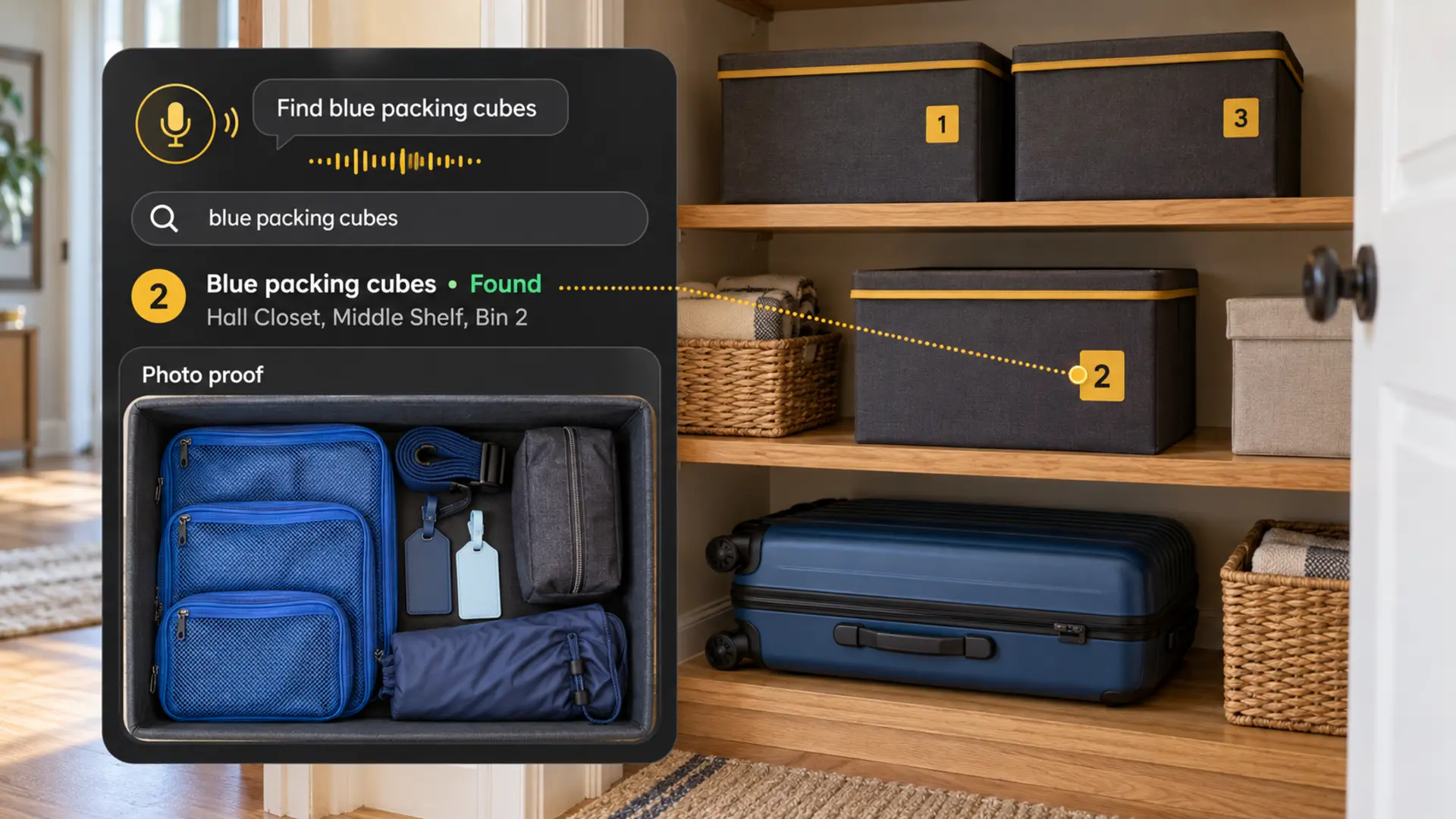 Three closed numbered bins and one blue suitcase lying flat in a hall closet, with a matching search result and photo proof of blue packing cubes and travel accessories in Bin 2.