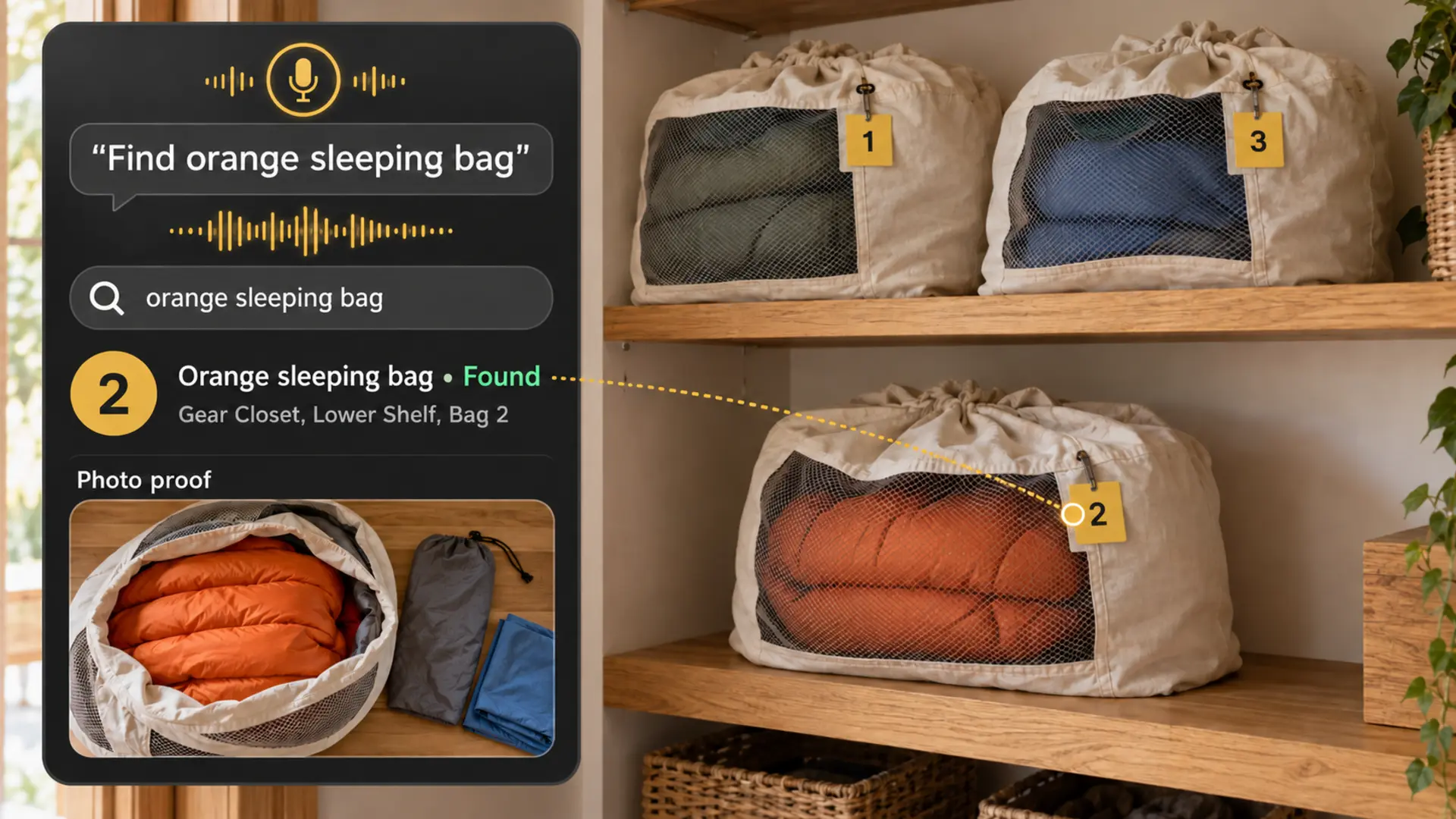 Three roomy breathable storage sacks with unique yellow number tags; a search finds the orange sleeping bag in Bag 2, with photo proof showing its empty gray travel sack and blue liner alongside.