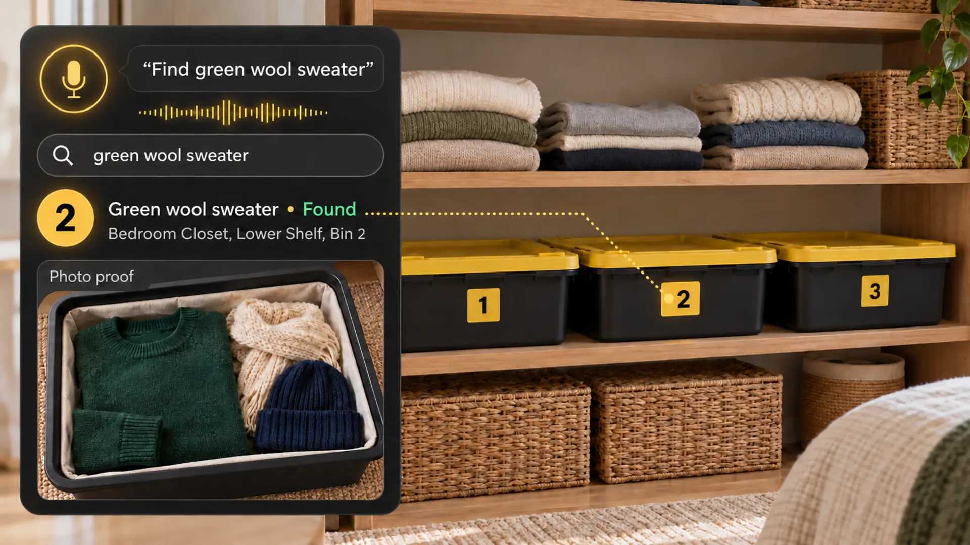 Three closed black-and-yellow closet bins numbered 1, 2 and 3; a search points to Bin 2, with photo proof of a folded green sweater, cream scarf and navy beanie.
