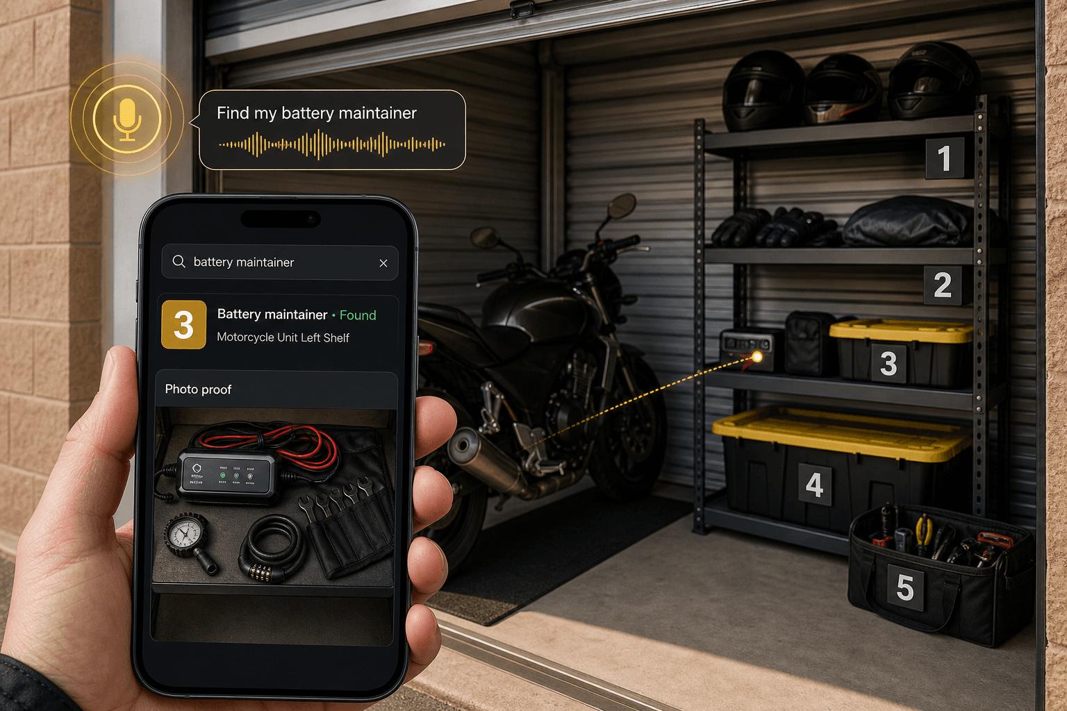 Motorcycle storage unit with numbered gear bins and a phone showing a Totely result for a battery maintainer