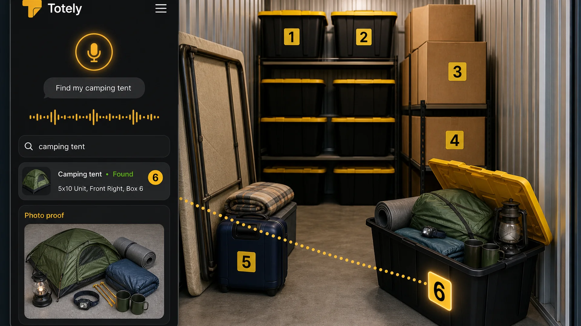 Numbered boxes inside a 5x10 storage unit with a Totely app result showing a camping tent found in Box 6