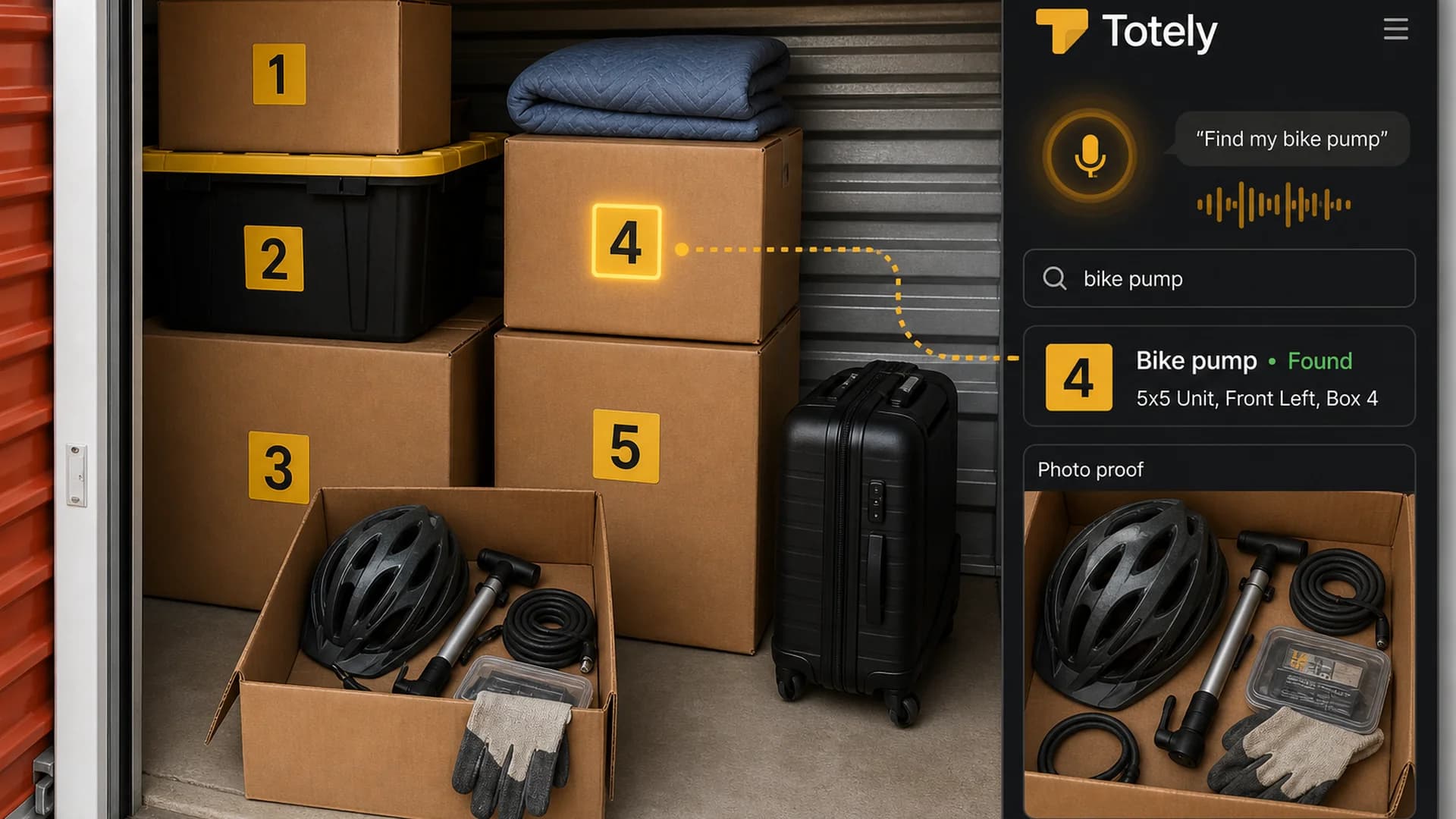Numbered boxes inside a 5x5 storage unit with a Totely app result showing a bike pump found in Box 4