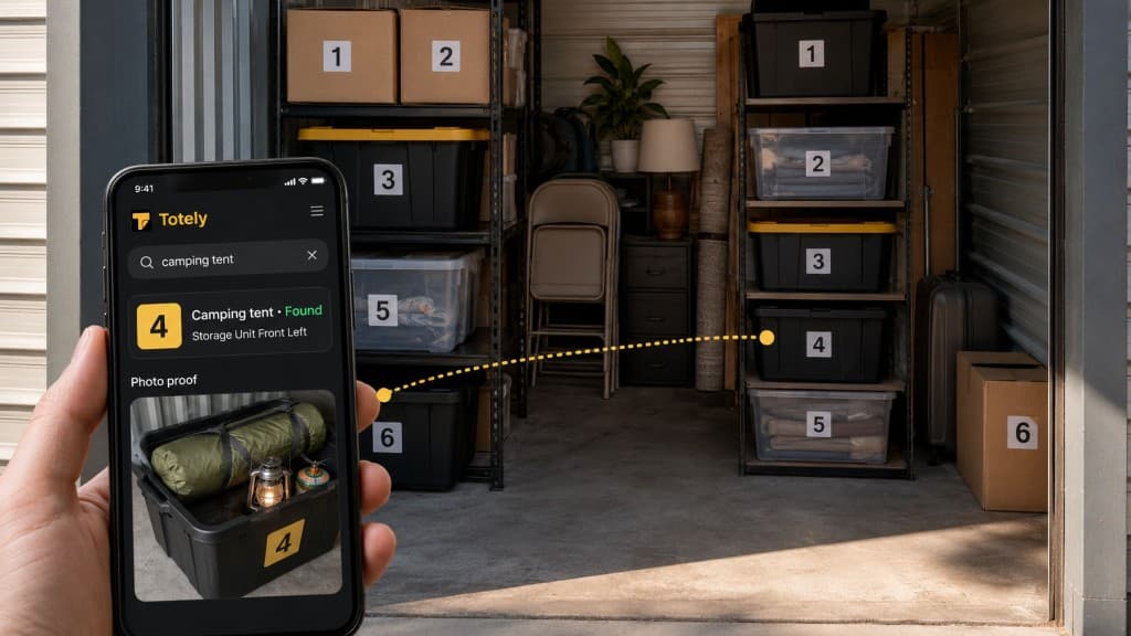 Organized self storage unit with numbered boxes, storage bins, shelf zones, aisle access, and a phone showing searchable contents