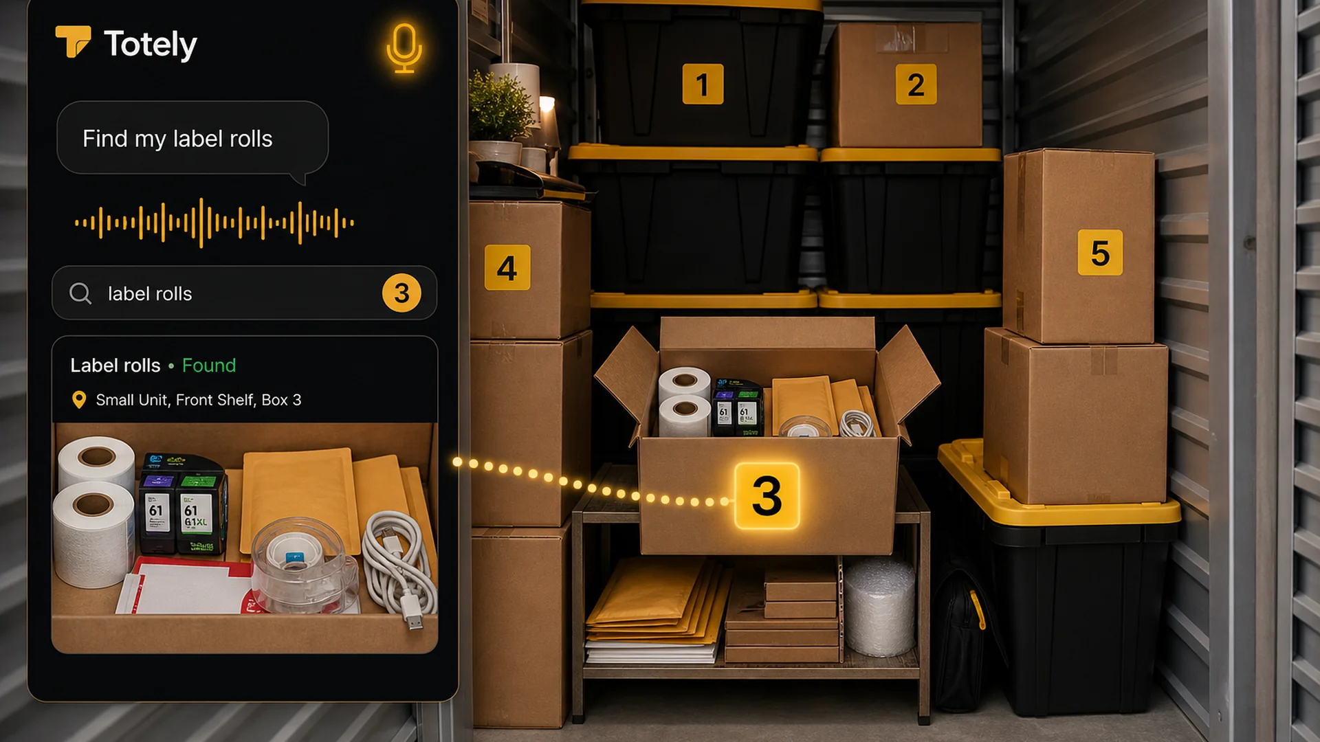Numbered boxes in a small storage unit with a Totely app result showing label rolls found in Box 3