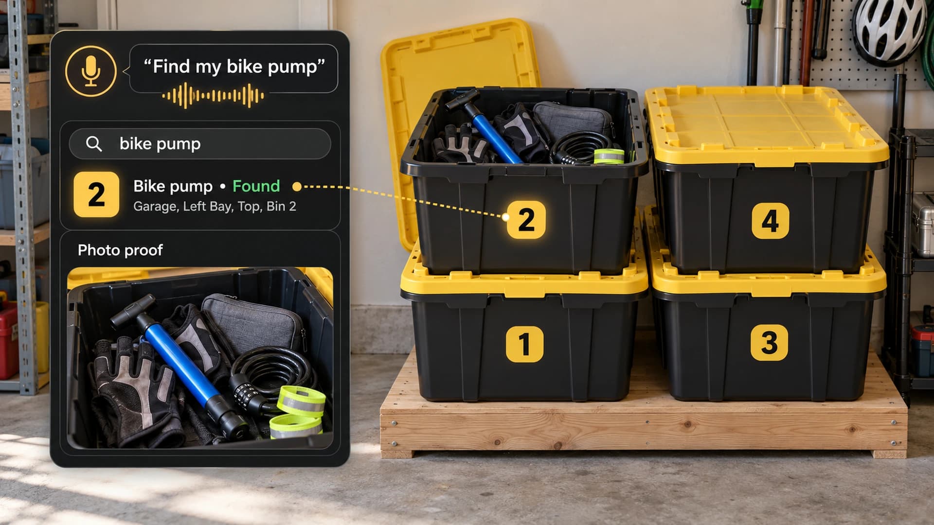 Four numbered black-and-yellow bins in two low stacks, with a blue bike pump in open Bin 2 and a matching search result.