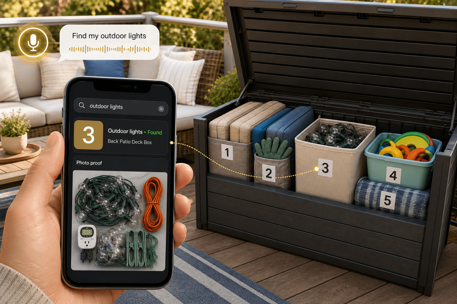 Deck storage box with numbered outdoor bins and a phone showing a Totely result for outdoor lights