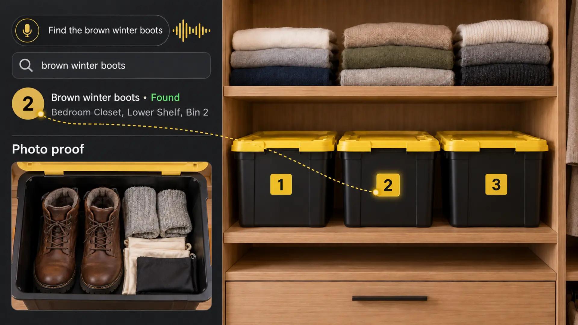 Three closed numbered shoe-storage bins on a bedroom closet shelf, with a search result and photo proof of brown winter boots in Bin 2.