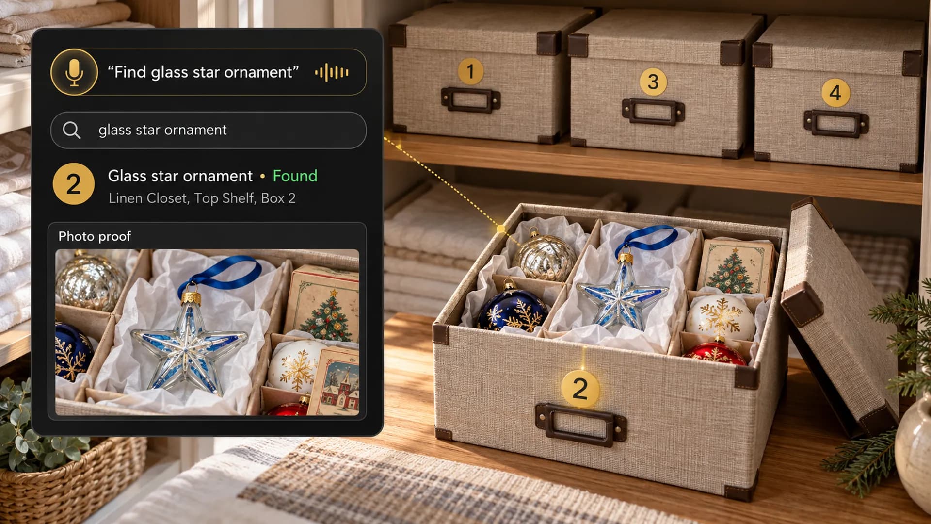 Numbered Christmas ornament boxes, with a glass star in Box 2 and a matching Totely search result.