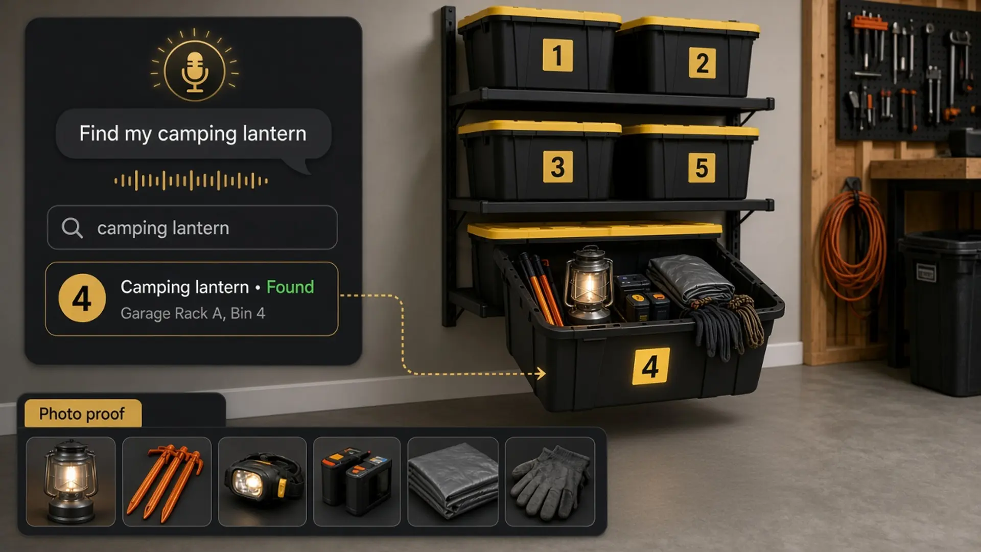 Garage storage tote rack with numbered totes and a Totely app result showing a camping lantern found in Bin 4