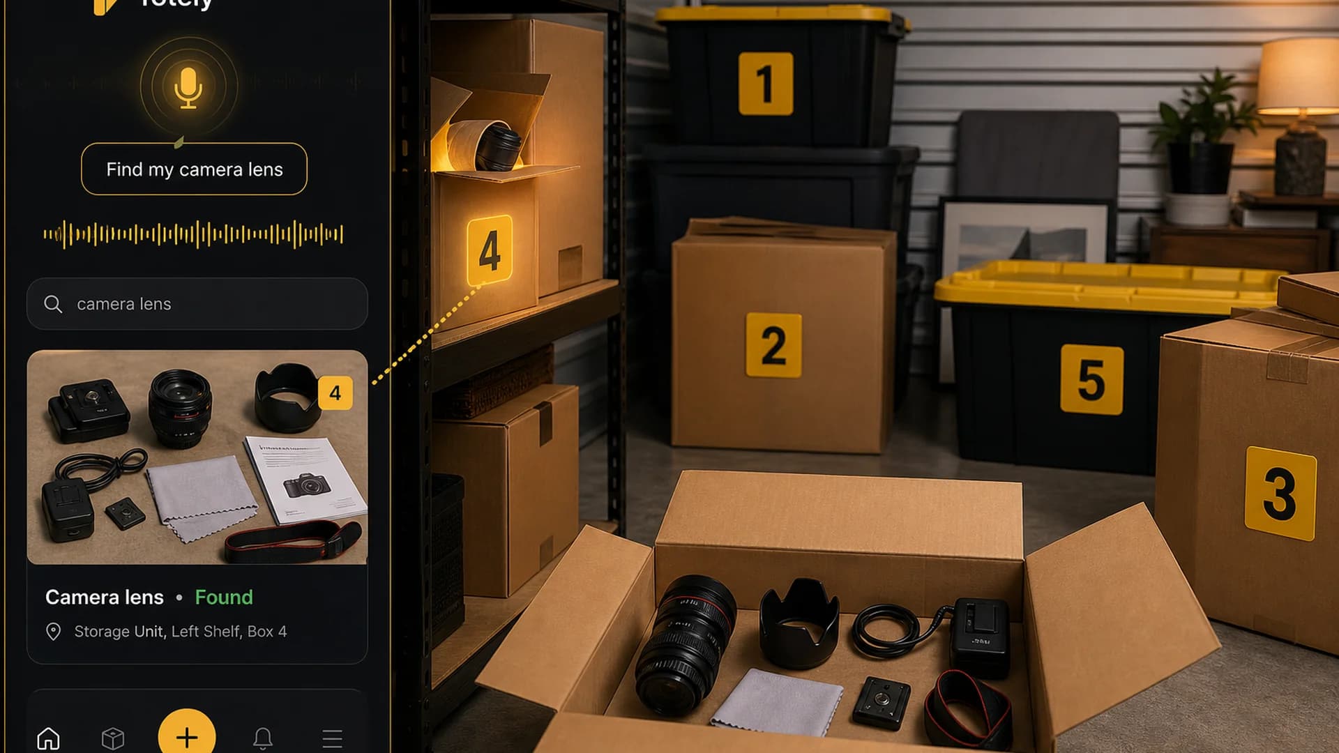 Numbered boxes inside a storage unit with a Totely app result showing a camera lens found in Box 4