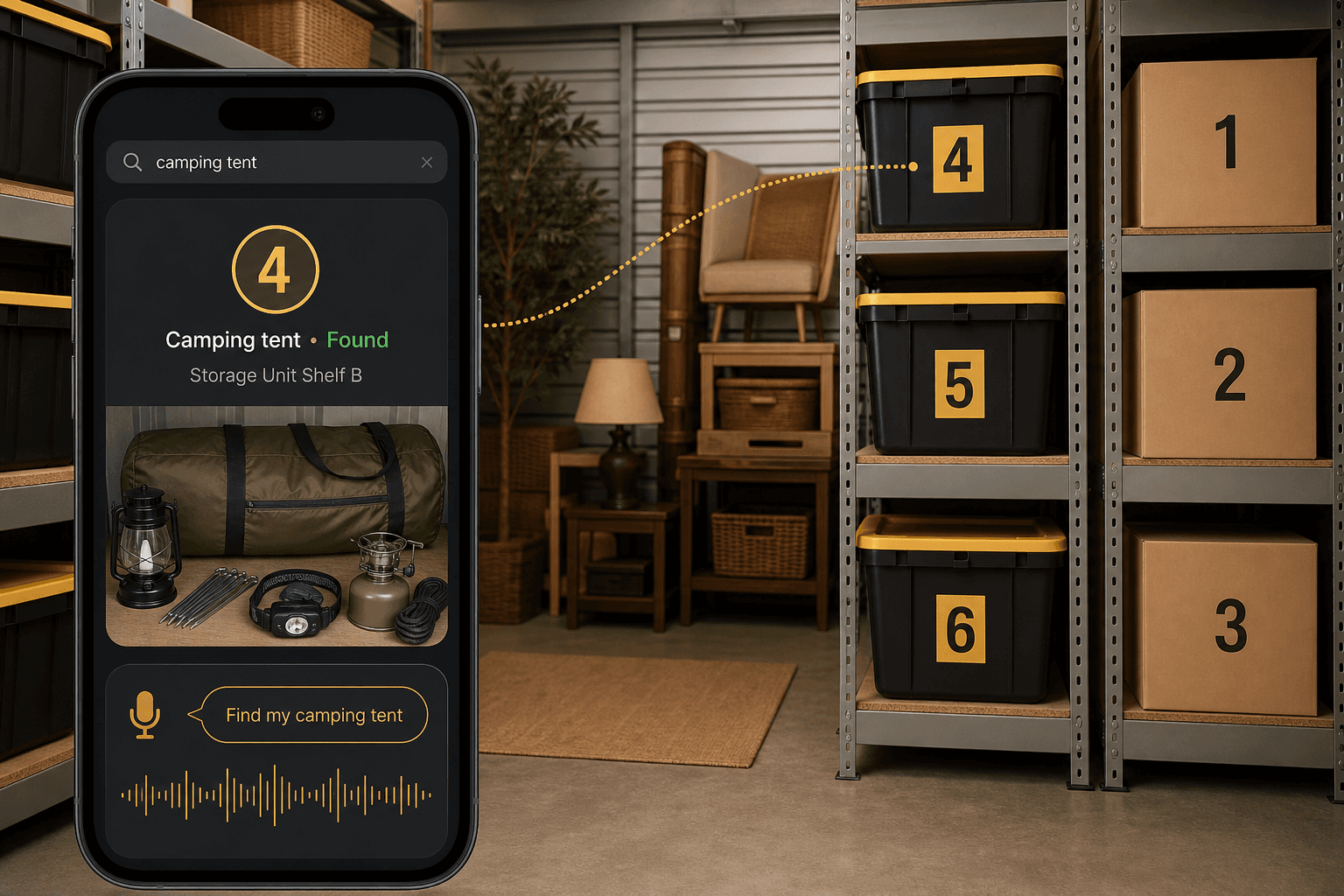 Organized storage unit with numbered boxes, shelf zones, an open aisle, and a phone showing a searchable Totely result for a camping tent