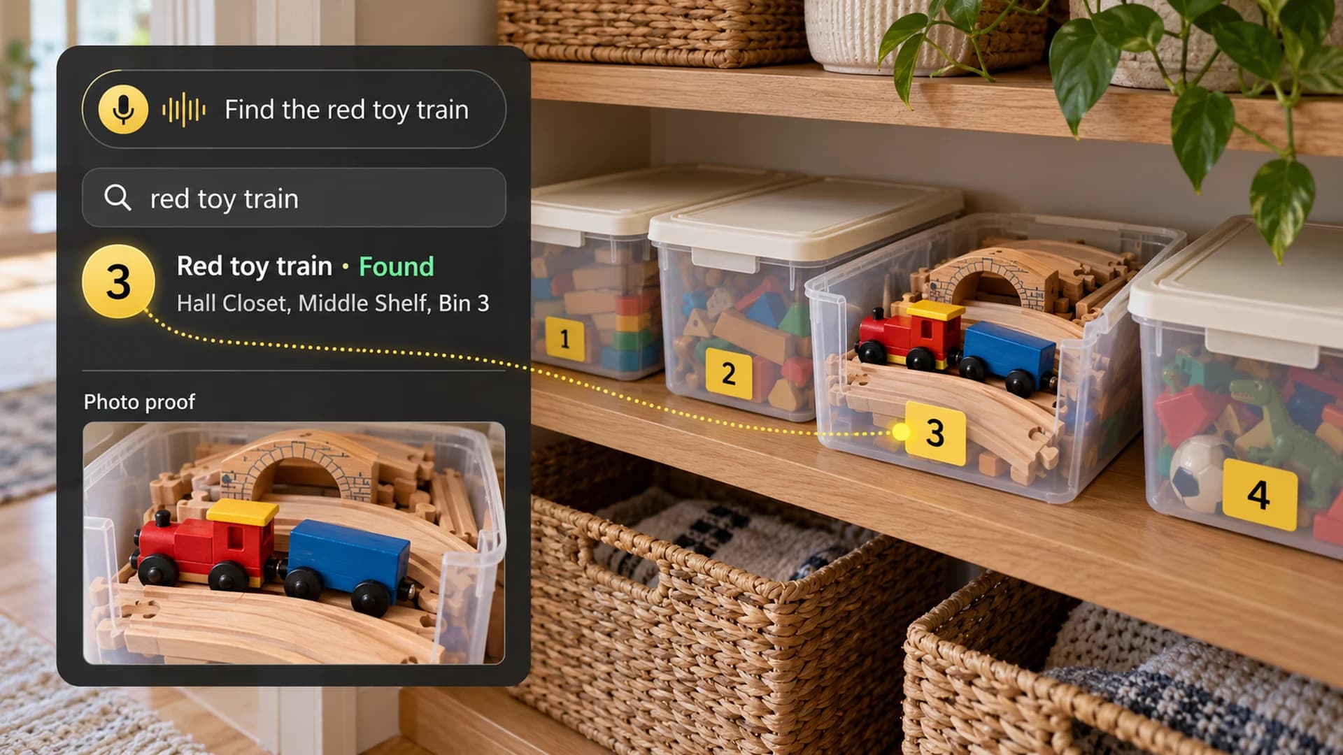 Four numbered toy bins on a closet shelf, with a red wooden train in open Bin 3 and a matching search result and contents photo.