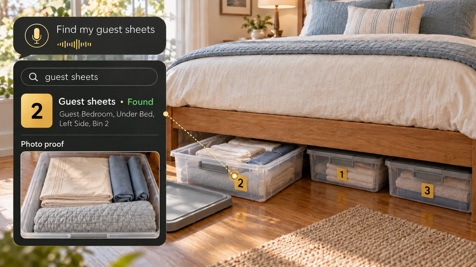 Numbered under-bed bins with guest sheets in open Bin 2 and a matching search result showing its bedroom location.