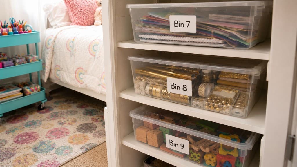 Organized craft supply storage with bins, drawers, and a craft cart
