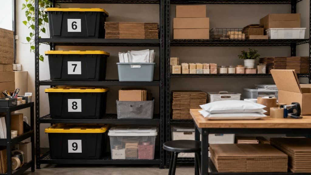 Small business inventory storage with product bins, shipping supplies, and organized shelves
